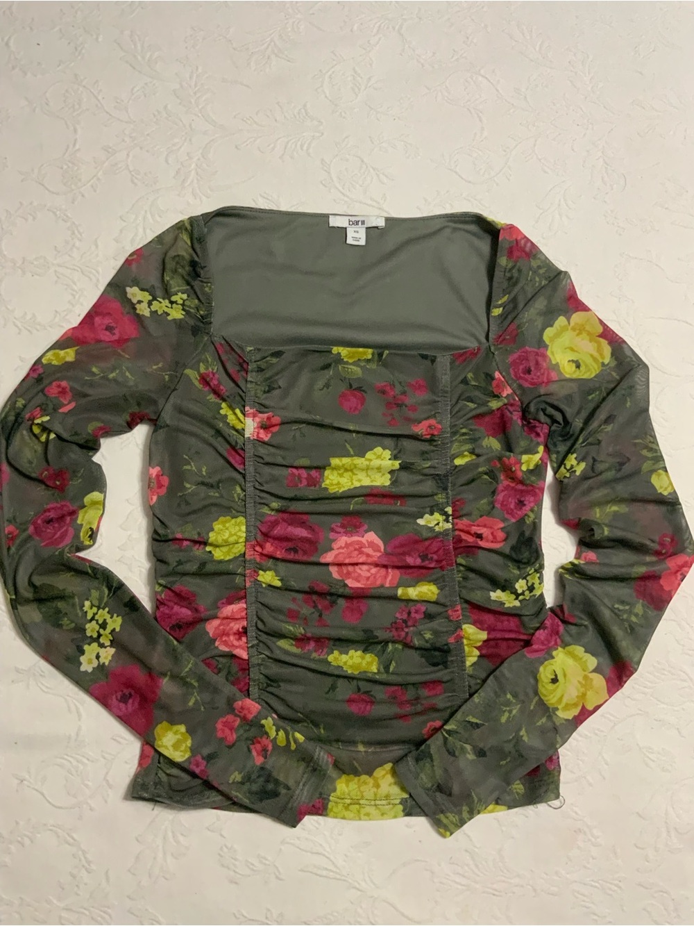 Bar III Olive Floral Ruched Long Sleeve Top with Flowers, Boho Cottage
